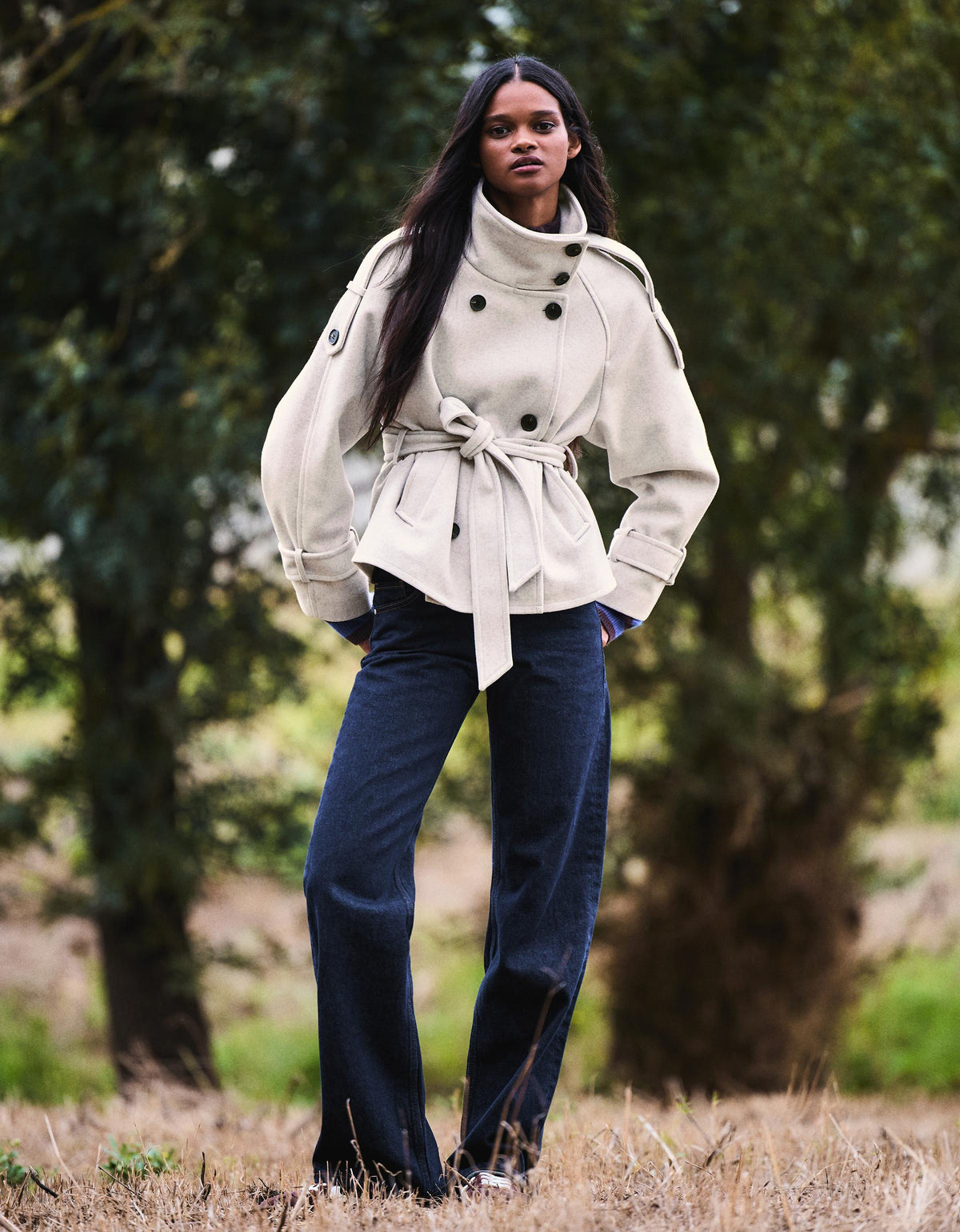 Soft-touch funnel neck trench jacket