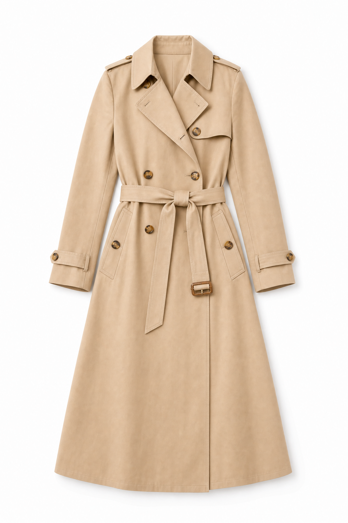 beige tailored belted trench coat Averly London flat lay