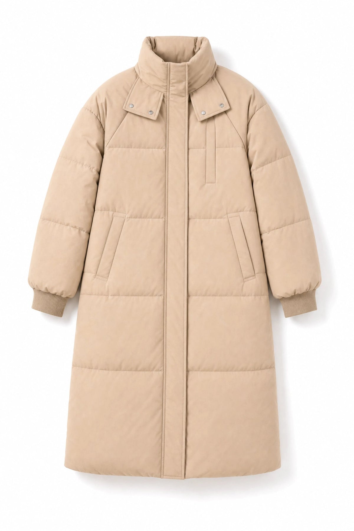 black hooded long puffer coat Averly London flat lay