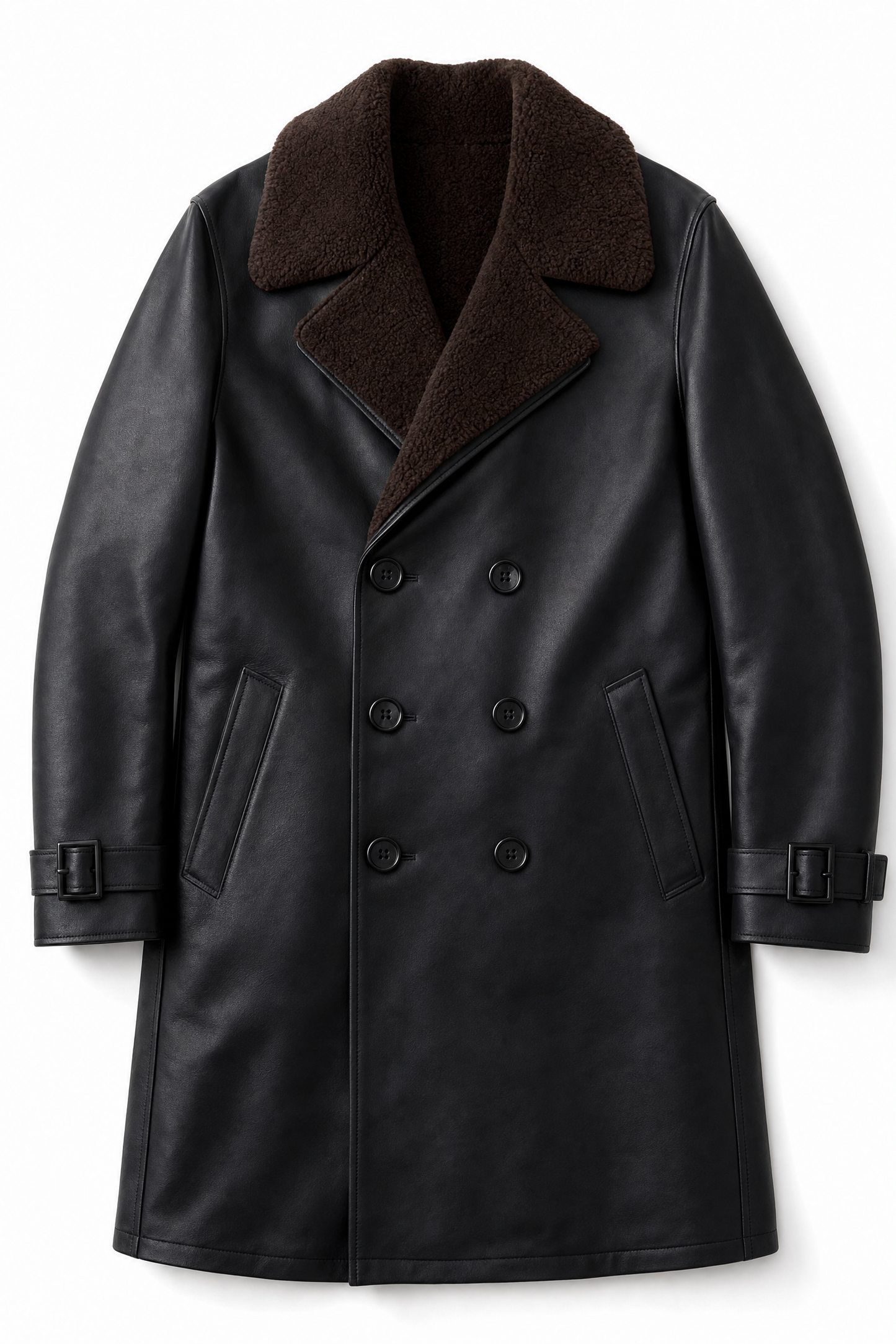 black faux leather trench coat Averly London flat lay