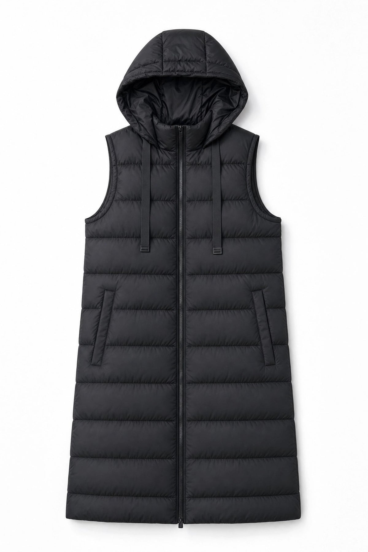 black hooded puffer vest Averly London flat lay