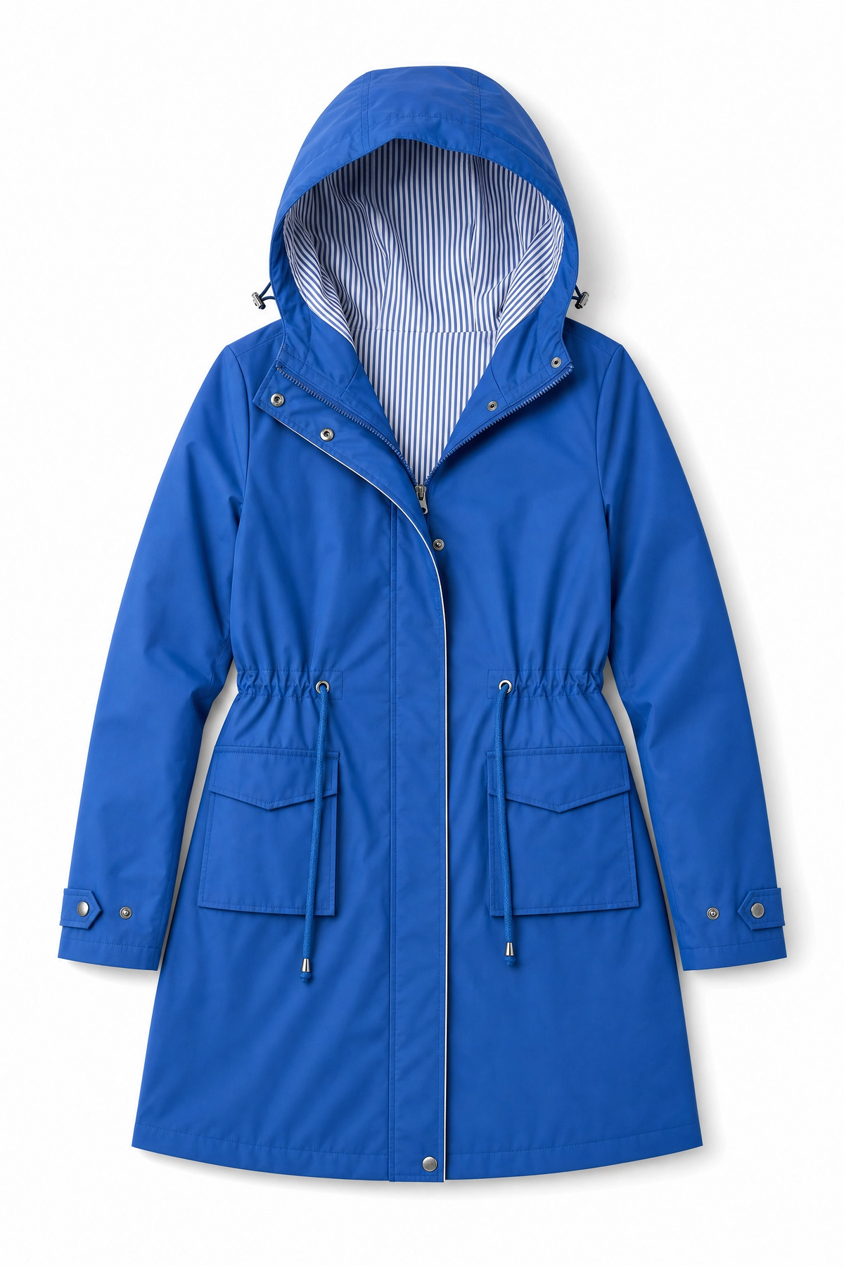 blue structured hooded waterproof trench coat Averly London flat lay