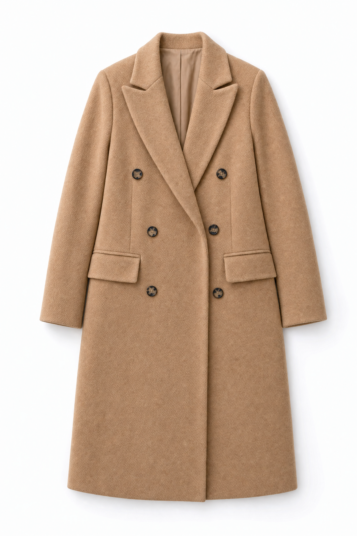 apricot long winter coat Averly London flat lay
