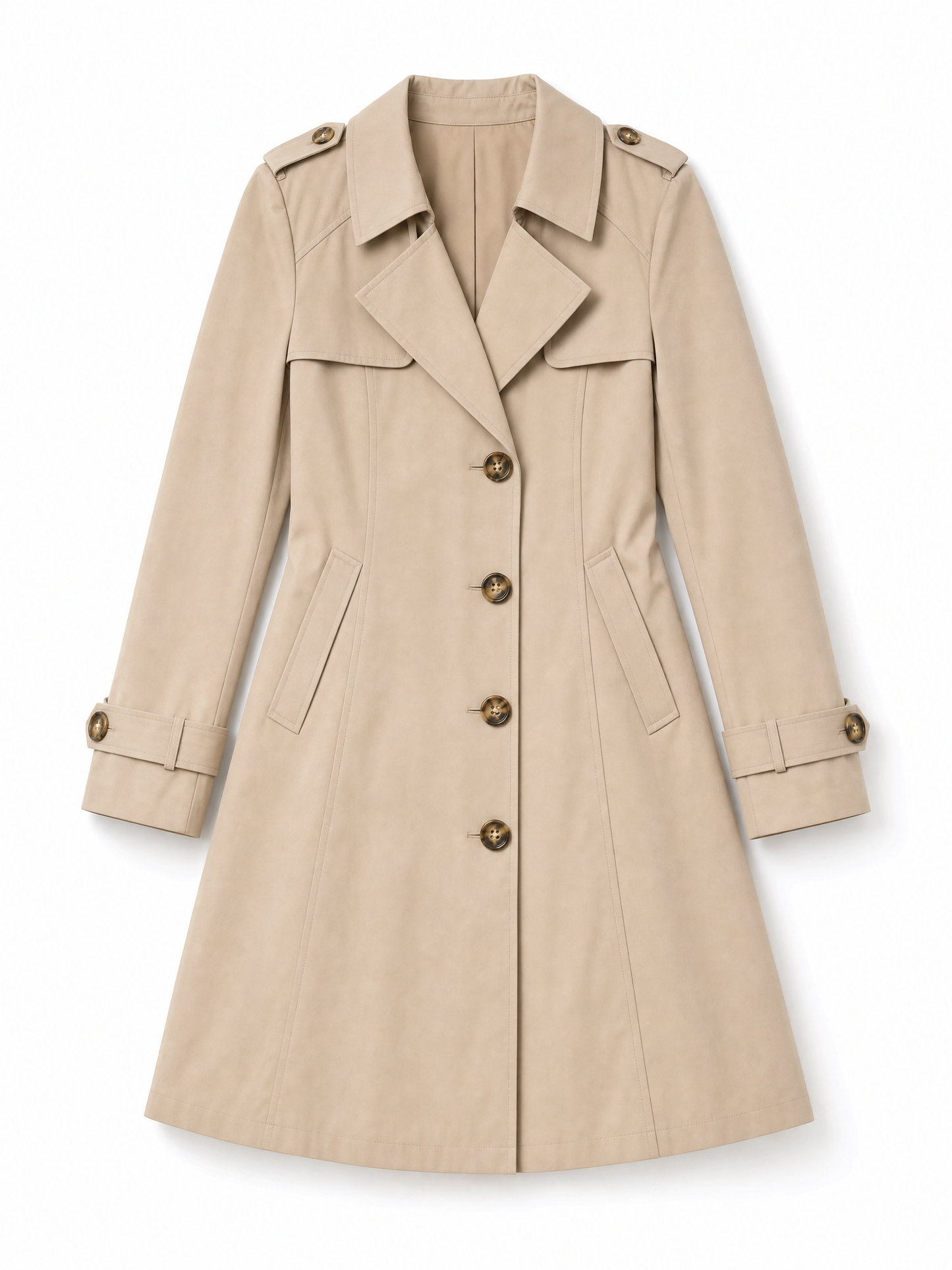 khaki double-breasted trench coat Averly London flat lay