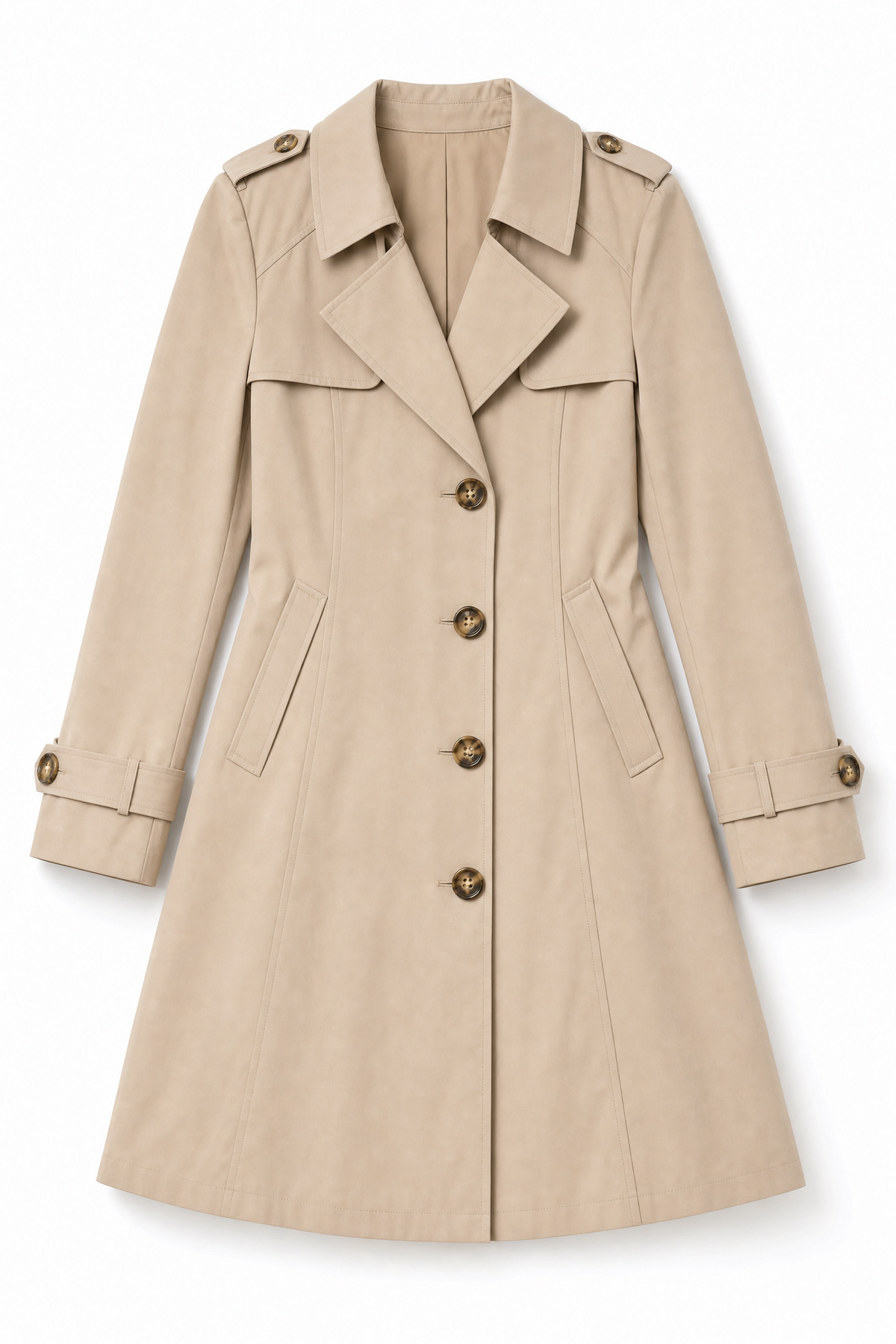 khaki double-breasted trench coat Averly London flat lay