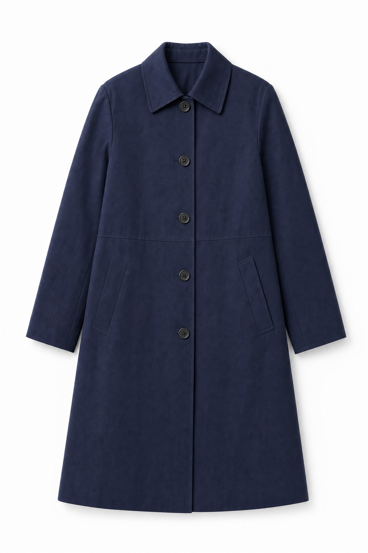 navy mid-length waterproof trench coat Averly London flat lay
