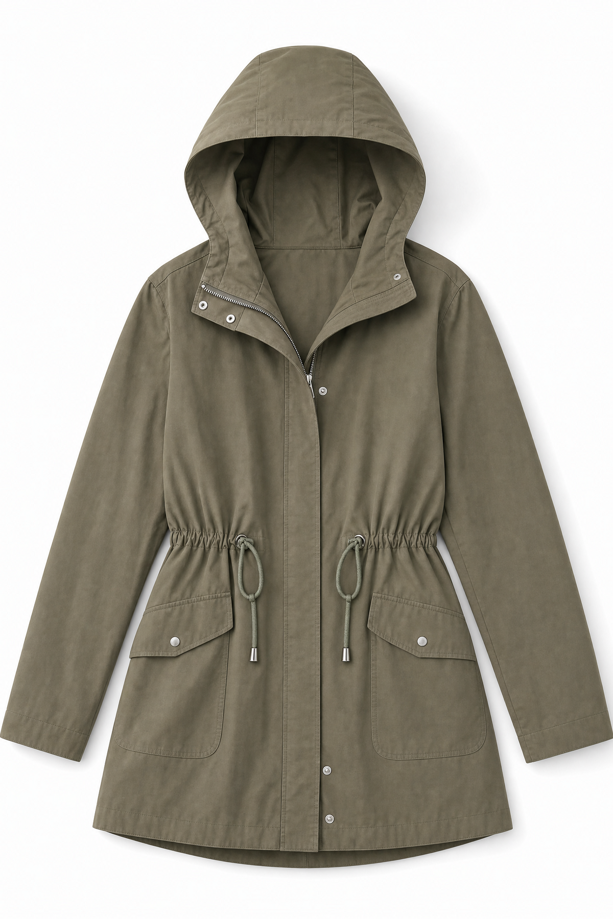 khaki waterproof hooded trench coat Averly London flat lay