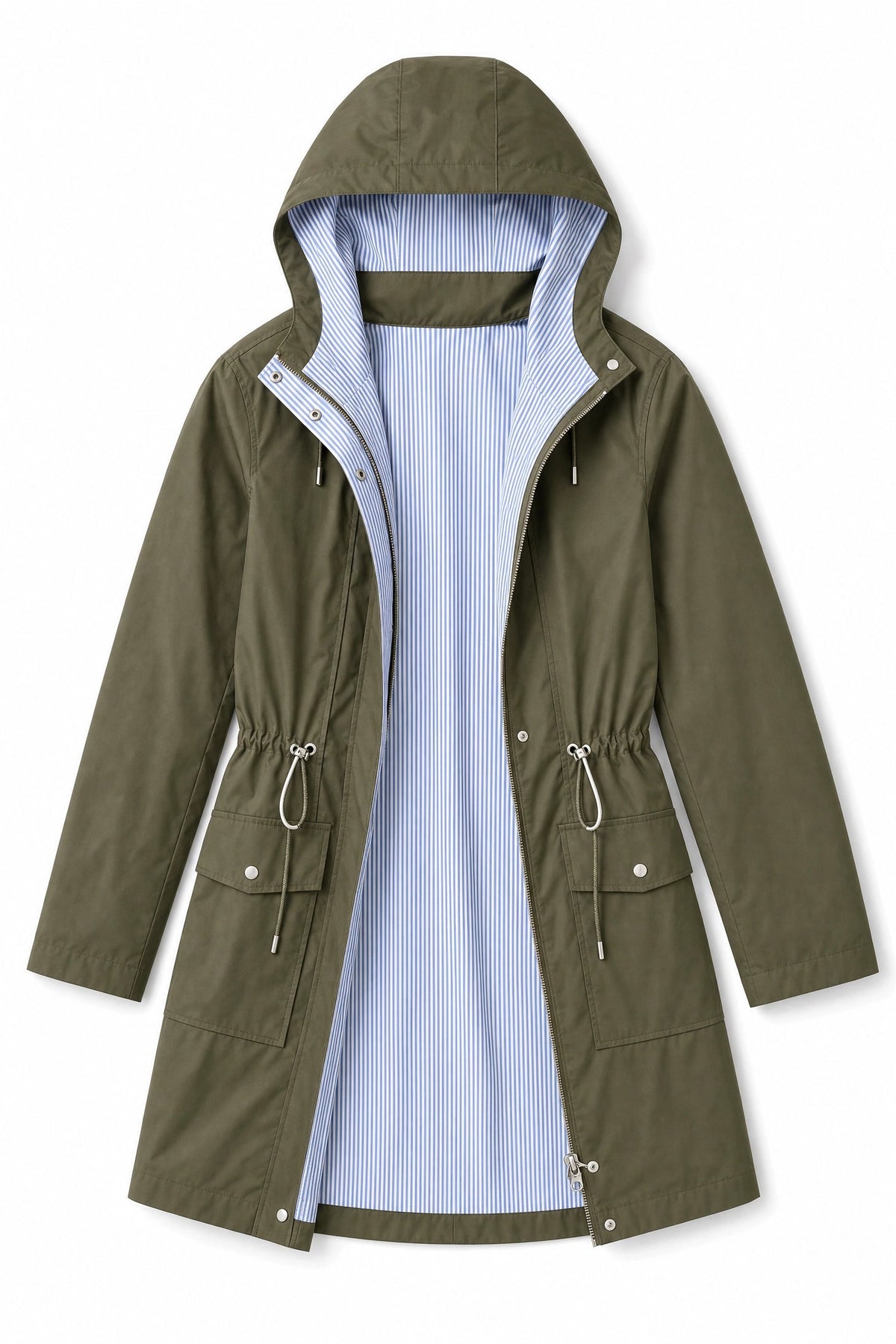 green waterproof trench coat detachable hood Averly London flat lay