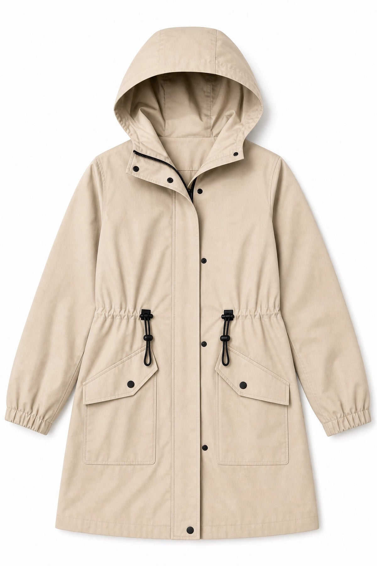 khaki hooded cotton trench coat Averly London flat lay