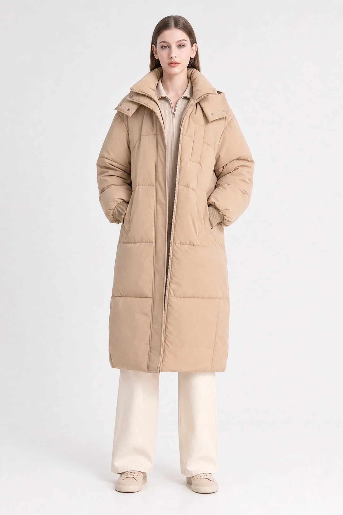black hooded long puffer coat Averly London front