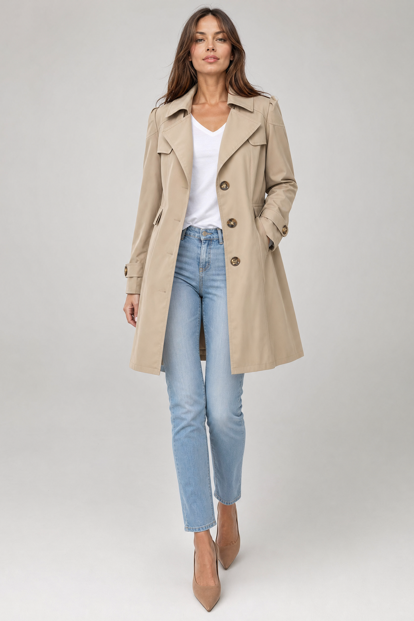 khaki double-breasted trench coat Averly London belted waist front