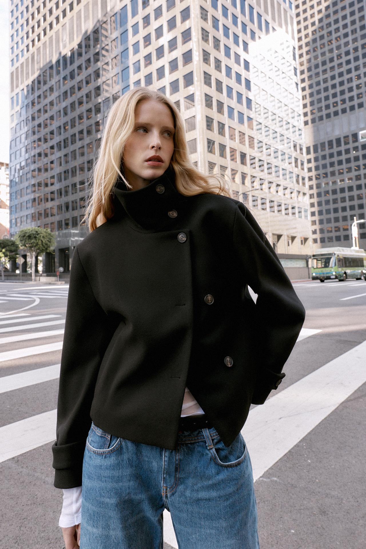 Cropped Pea Coat with High Collar