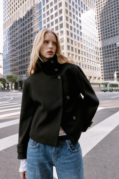 Cropped Pea Coat with High Collar