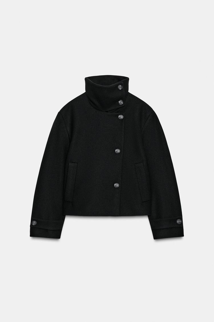 Cropped Pea Coat with High Collar