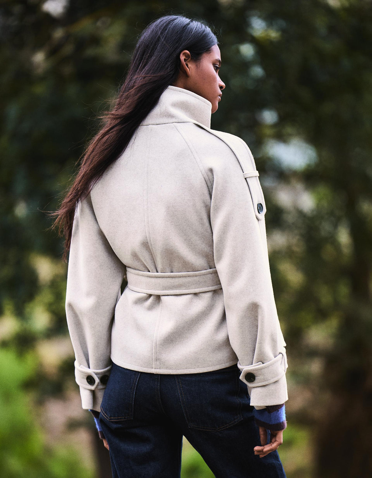 Soft-touch funnel neck trench jacket