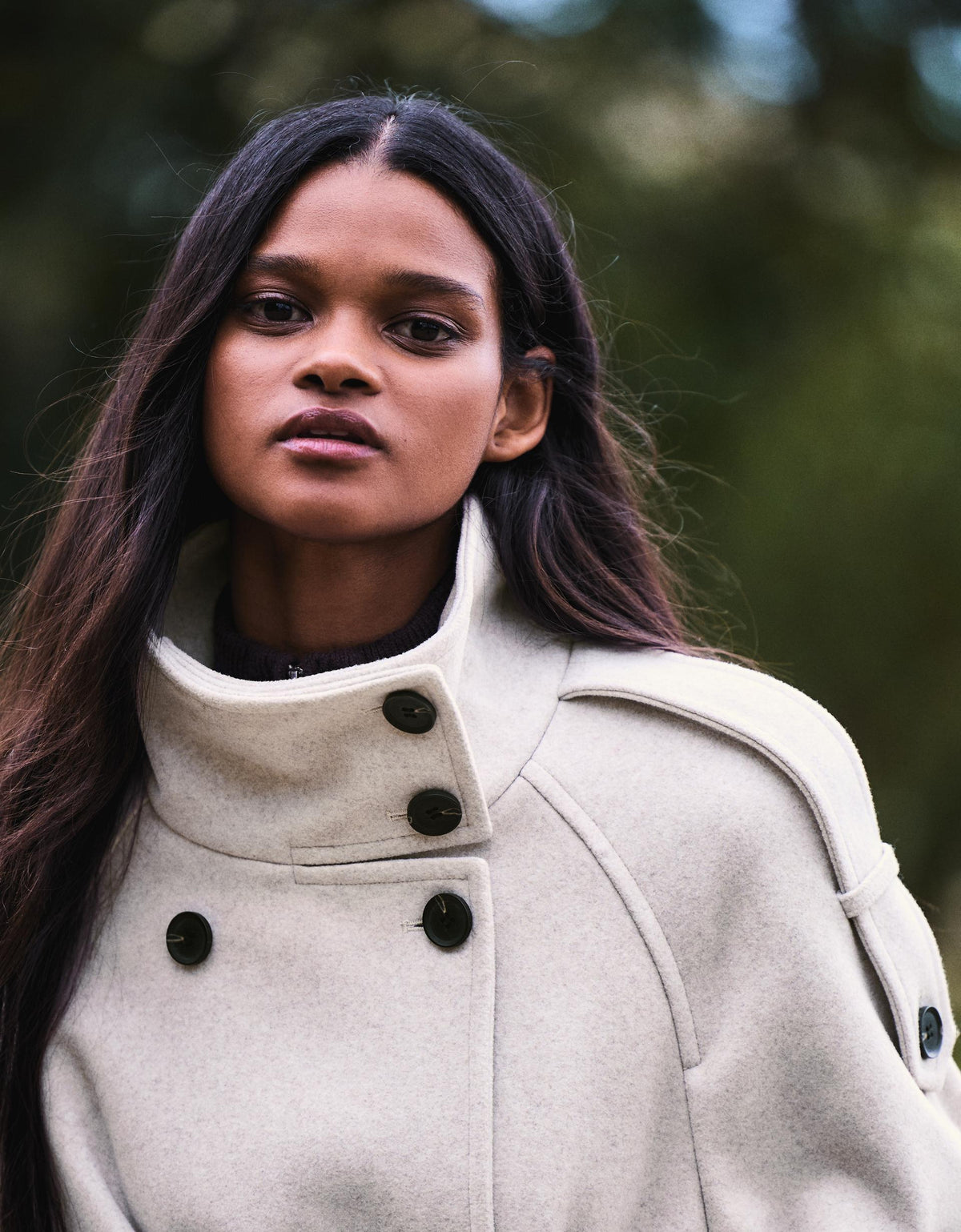 Soft-touch funnel neck trench jacket