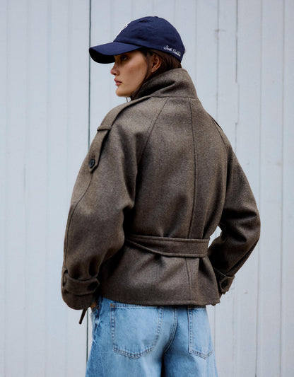 Soft-touch funnel neck trench jacket