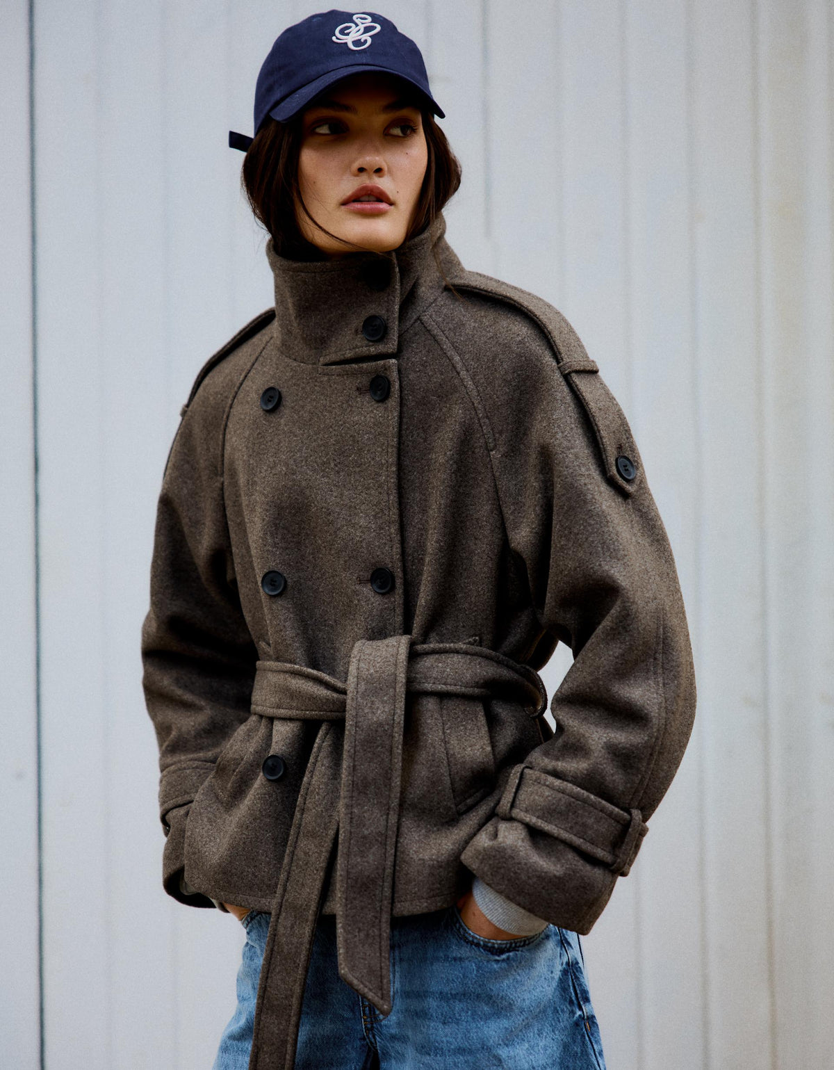 Soft-touch funnel neck trench jacket