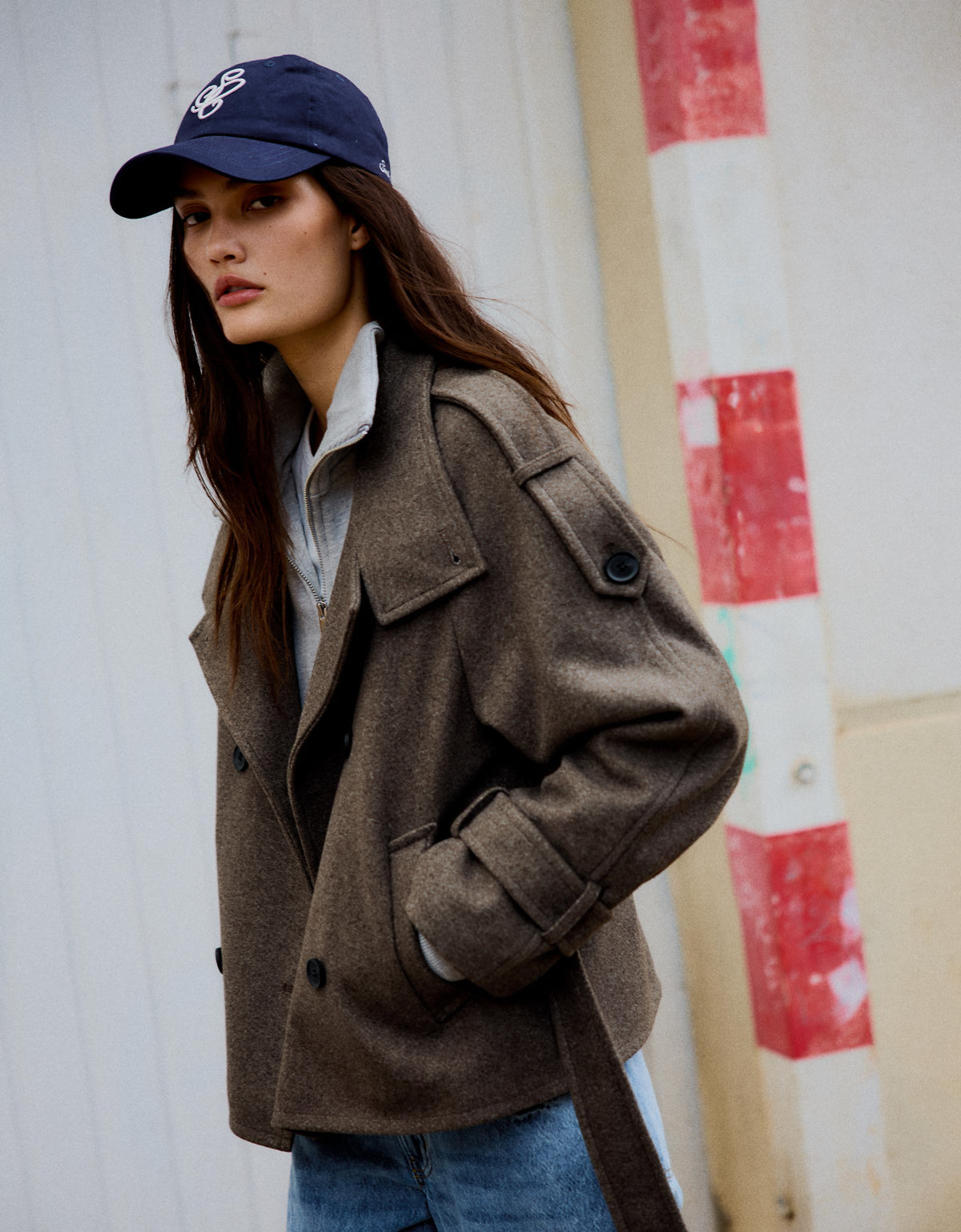 Soft-touch funnel neck trench jacket