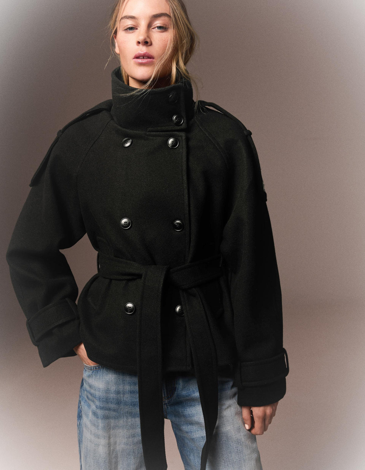 Soft-touch funnel neck trench jacket