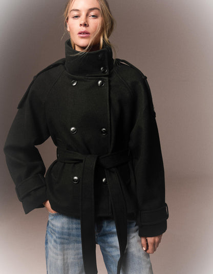Soft-touch funnel neck trench jacket