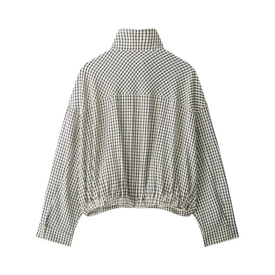 Stand Collar Long Sleeve Plaid Jacket