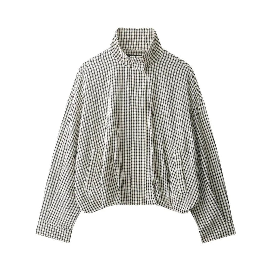 Stand Collar Long Sleeve Plaid Jacket