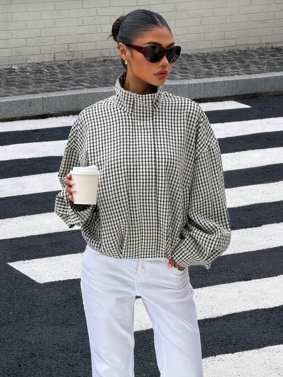 Stand Collar Long Sleeve Plaid Jacket