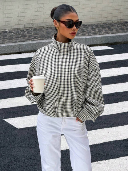 Stand Collar Long Sleeve Plaid Jacket