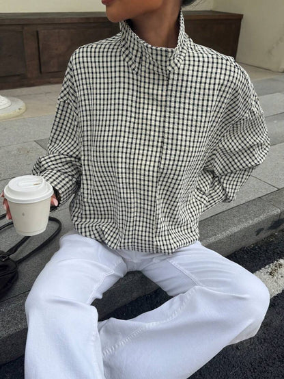 Stand Collar Long Sleeve Plaid Jacket