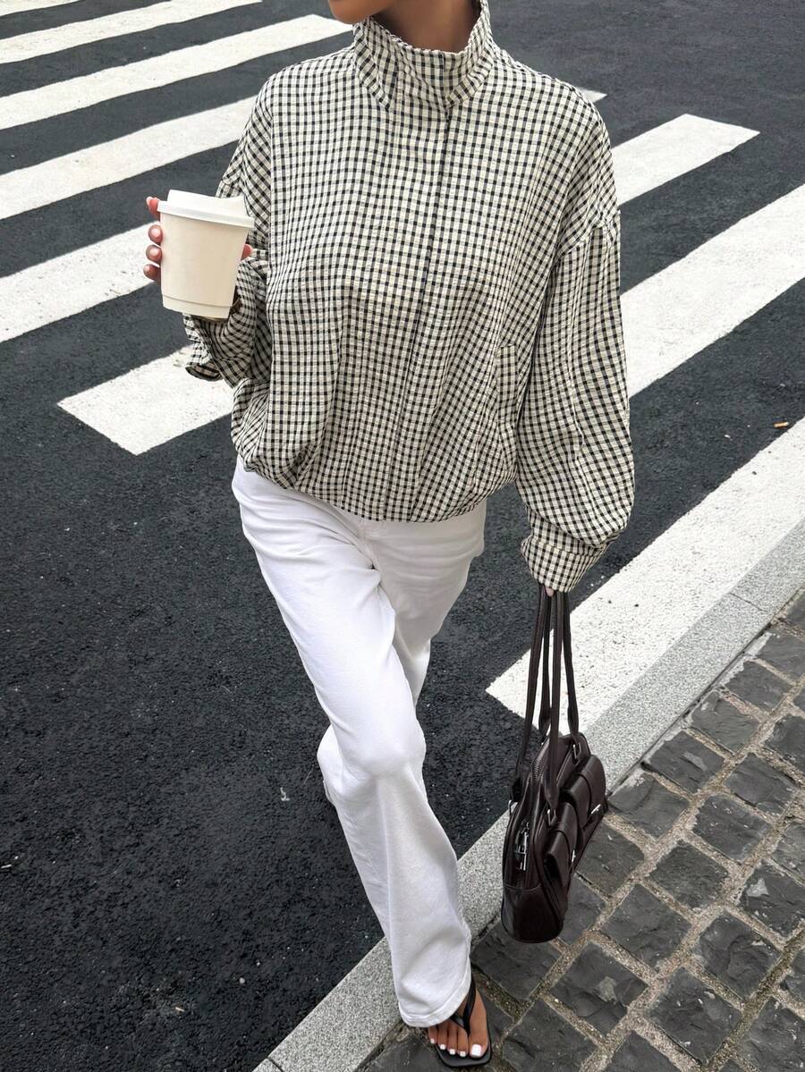 Stand Collar Long Sleeve Plaid Jacket