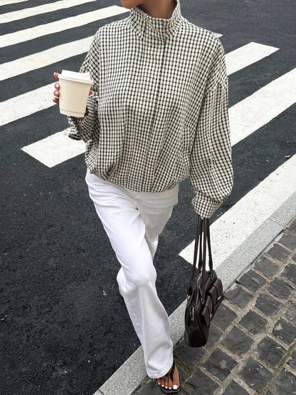 Stand Collar Long Sleeve Plaid Jacket