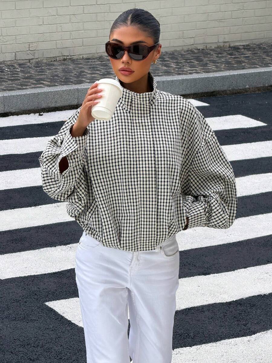 Stand Collar Long Sleeve Plaid Jacket