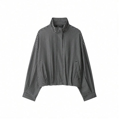 Stand Collar Long Sleeve Plaid Jacket