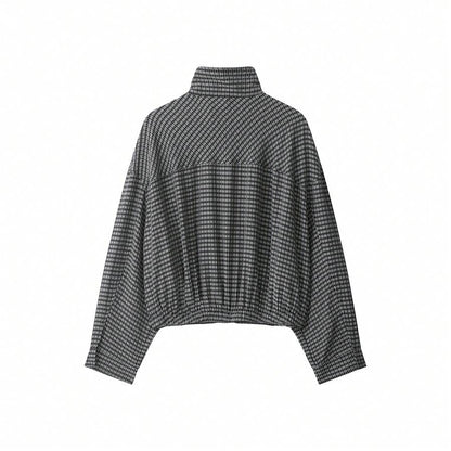 Stand Collar Long Sleeve Plaid Jacket