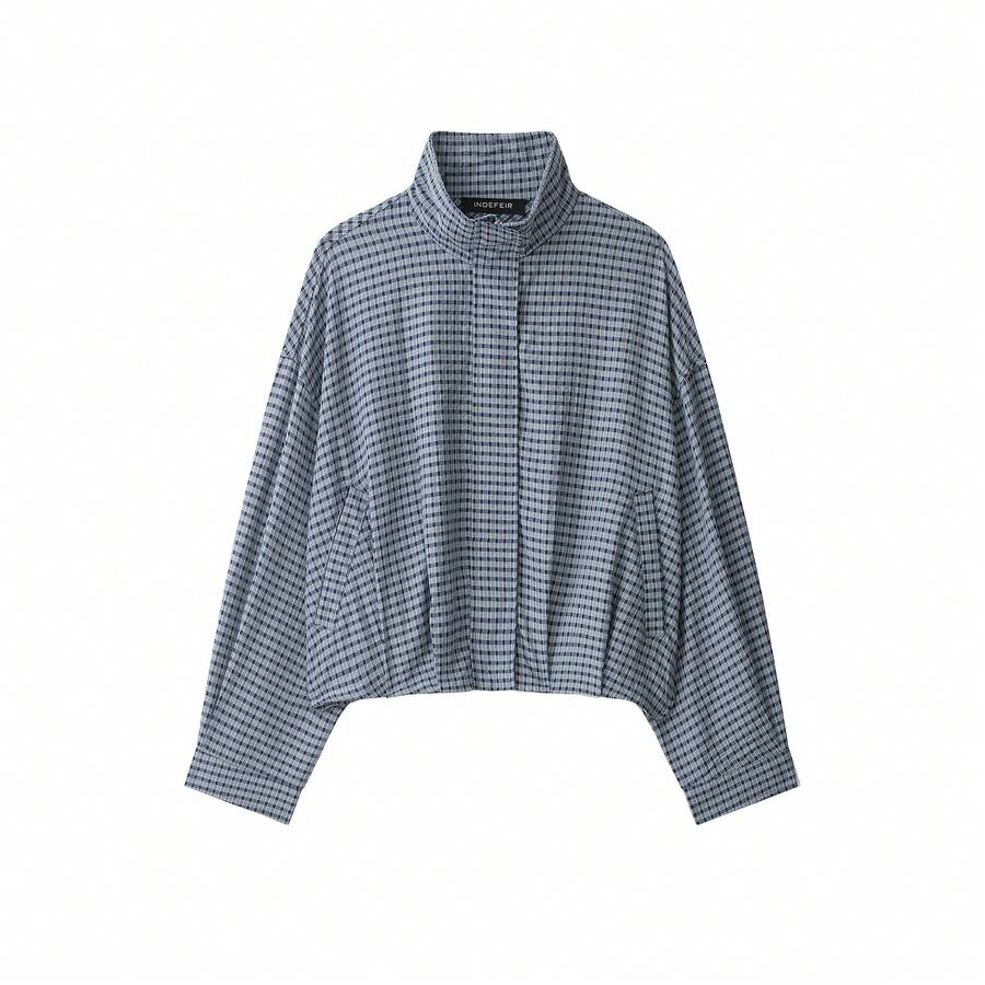 Stand Collar Long Sleeve Plaid Jacket