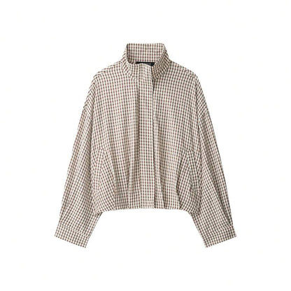Stand Collar Long Sleeve Plaid Jacket