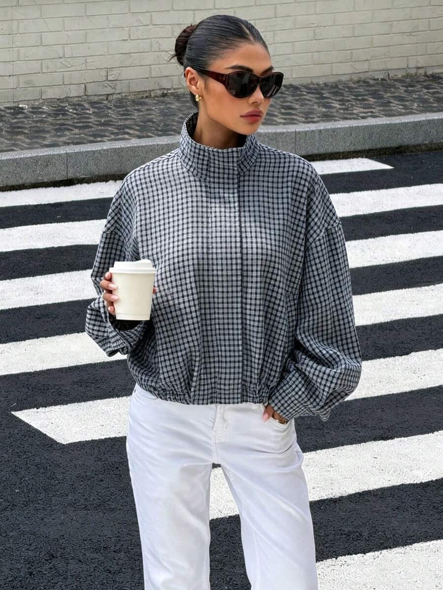 Stand Collar Long Sleeve Plaid Jacket