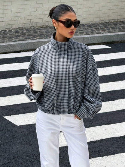 Stand Collar Long Sleeve Plaid Jacket