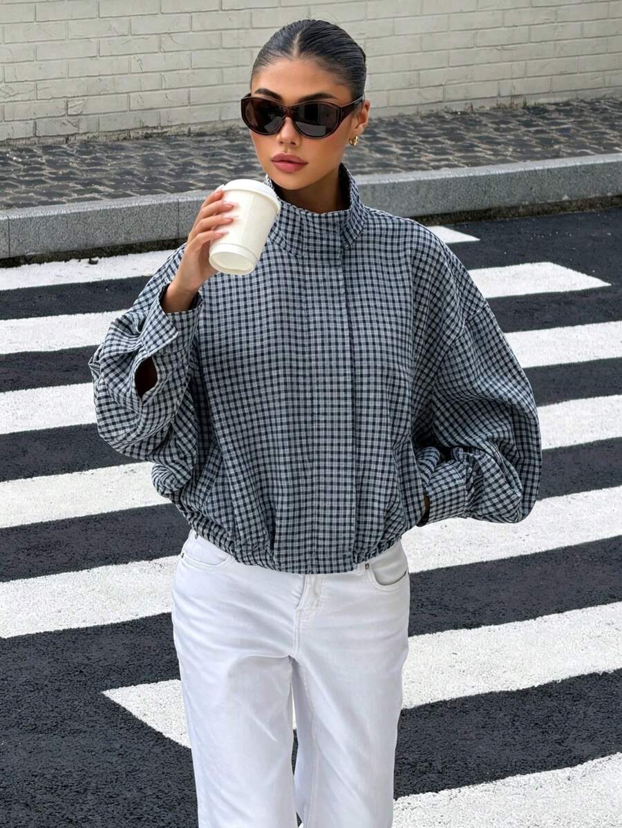 Stand Collar Long Sleeve Plaid Jacket