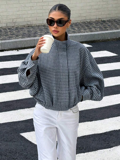 Stand Collar Long Sleeve Plaid Jacket
