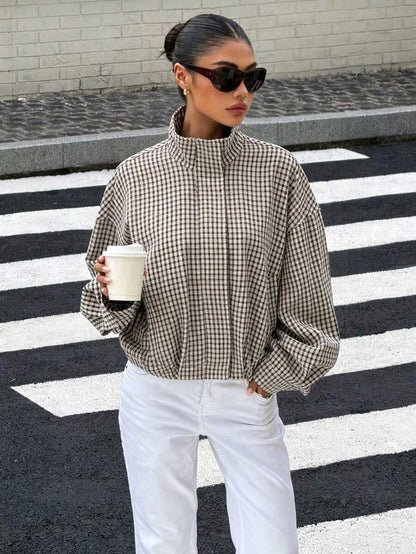 Stand Collar Long Sleeve Plaid Jacket
