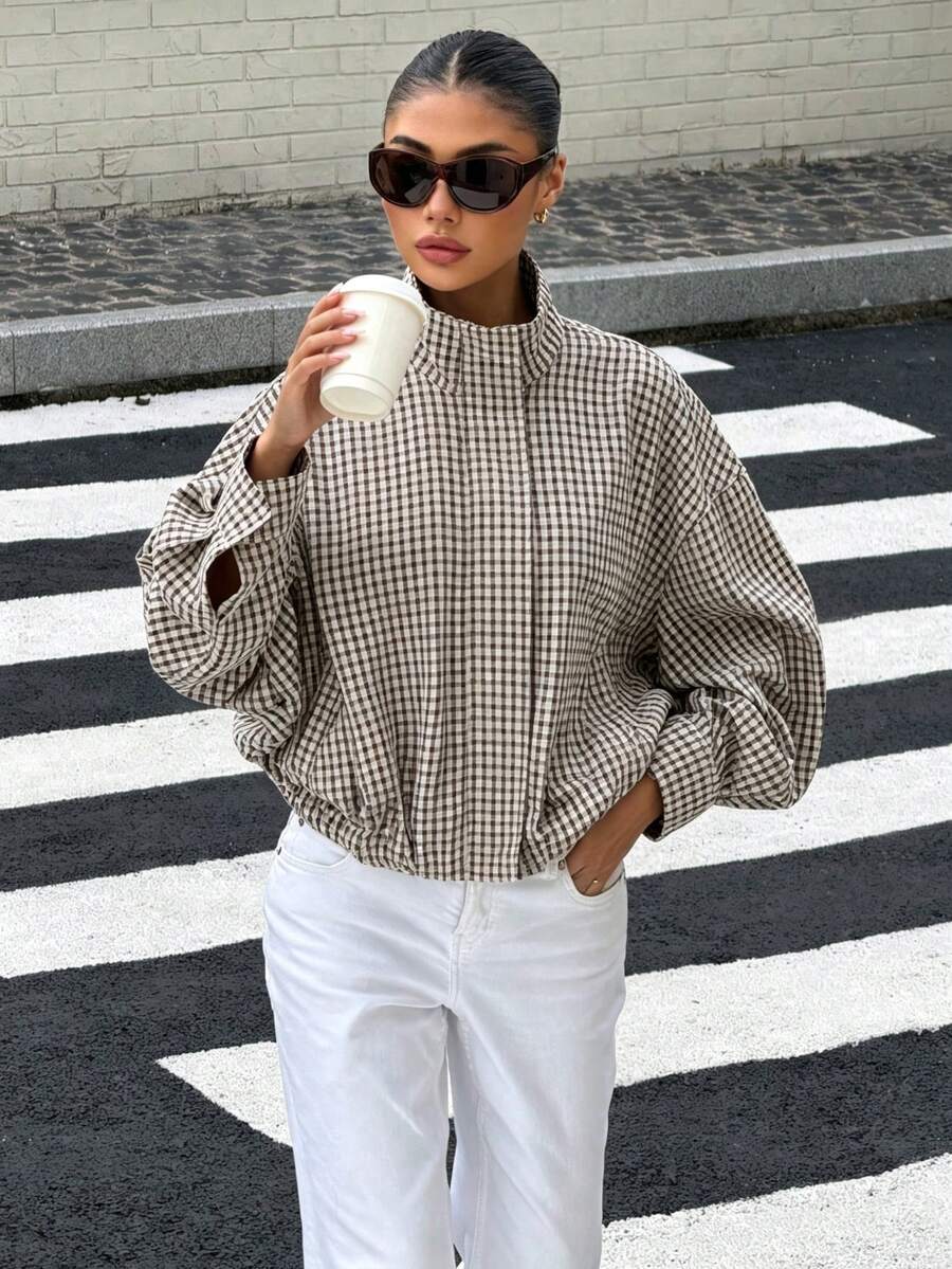 Stand Collar Long Sleeve Plaid Jacket