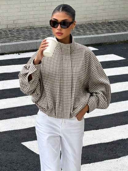 Stand Collar Long Sleeve Plaid Jacket