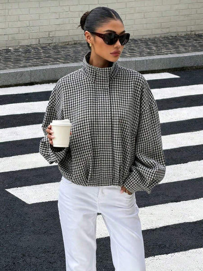 Stand Collar Long Sleeve Plaid Jacket