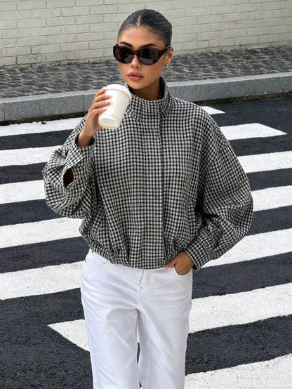 Stand Collar Long Sleeve Plaid Jacket