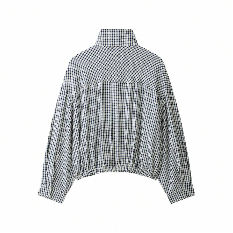 Stand Collar Long Sleeve Plaid Jacket