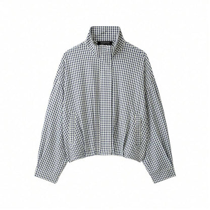 Stand Collar Long Sleeve Plaid Jacket