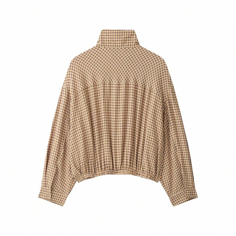 Stand Collar Long Sleeve Plaid Jacket