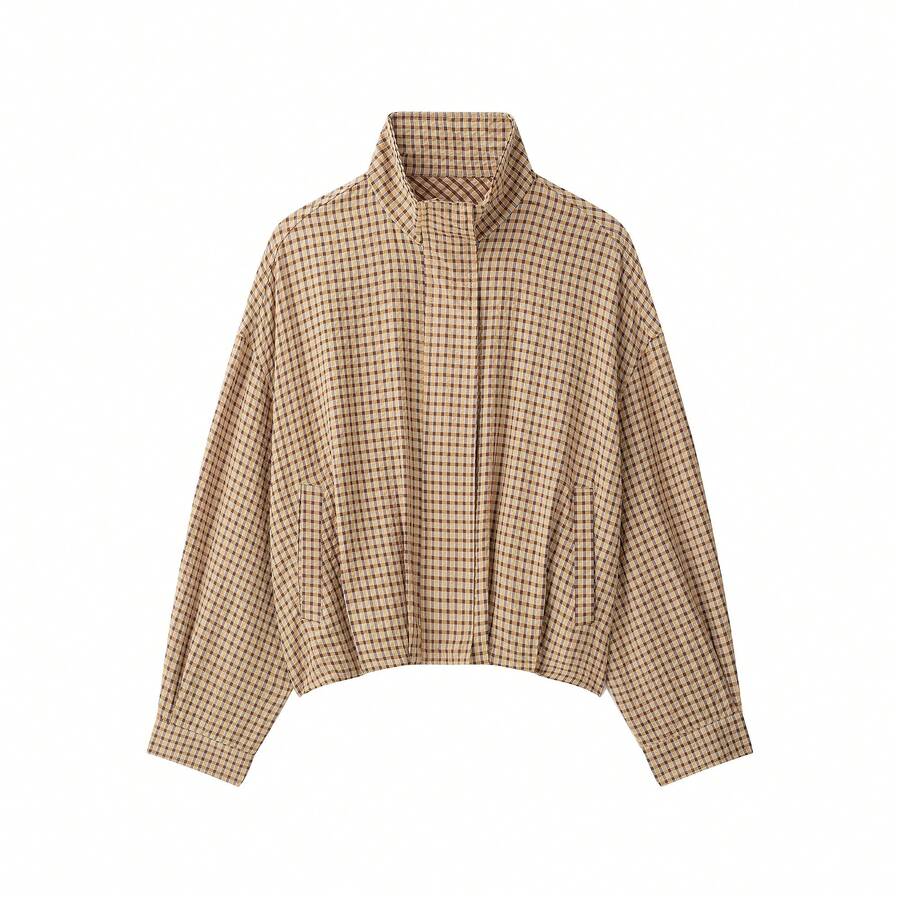 Stand Collar Long Sleeve Plaid Jacket